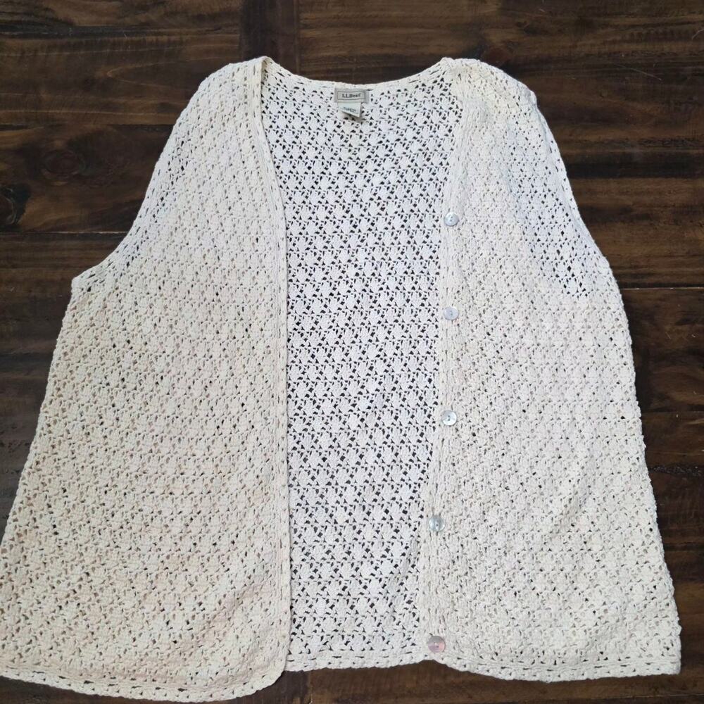 L.L.Bean Cotton Open Crochet Knit Vest Cardigan Cream Coastal Granny XL - Picture 4 of 4